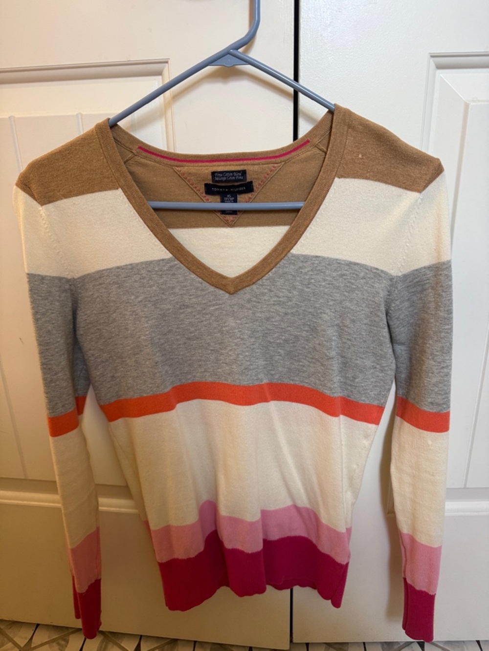 Tommy Hilfiger Striped V-Neck Sweater in Cream, Gray, Tan, Orange and Pink